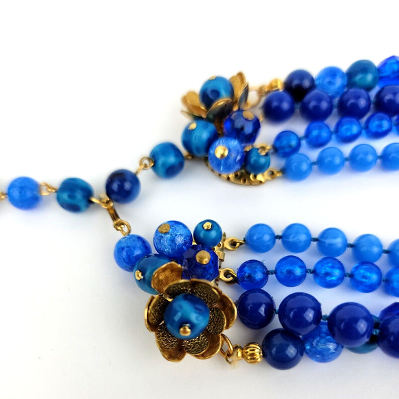 Vintage Blue Shades Bead Necklace 4 Strands Gold Tone Caps Graduated Round - Picture 5 of 12